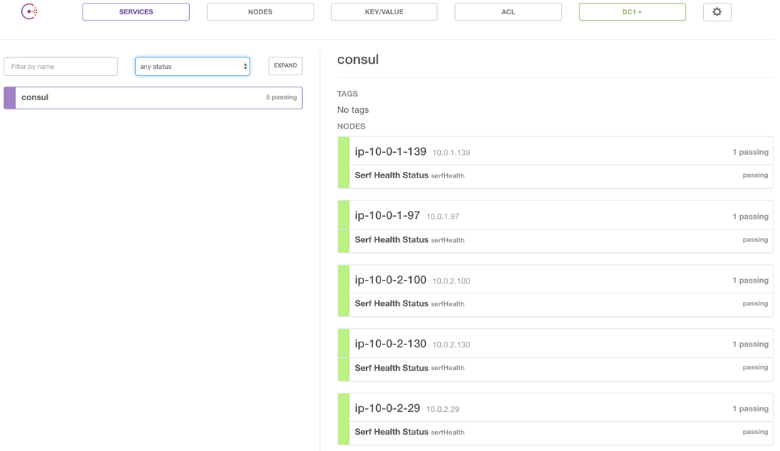 Screenshot of the Consul UI, showing that the Consul server is running on five nodes in the Datacenter