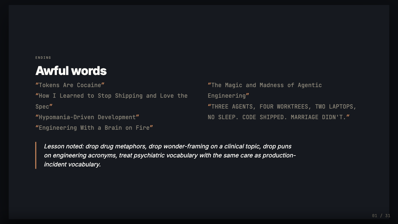 The ‘Awful words’ slide: AI suggested talk titles so bad they became the closing joke