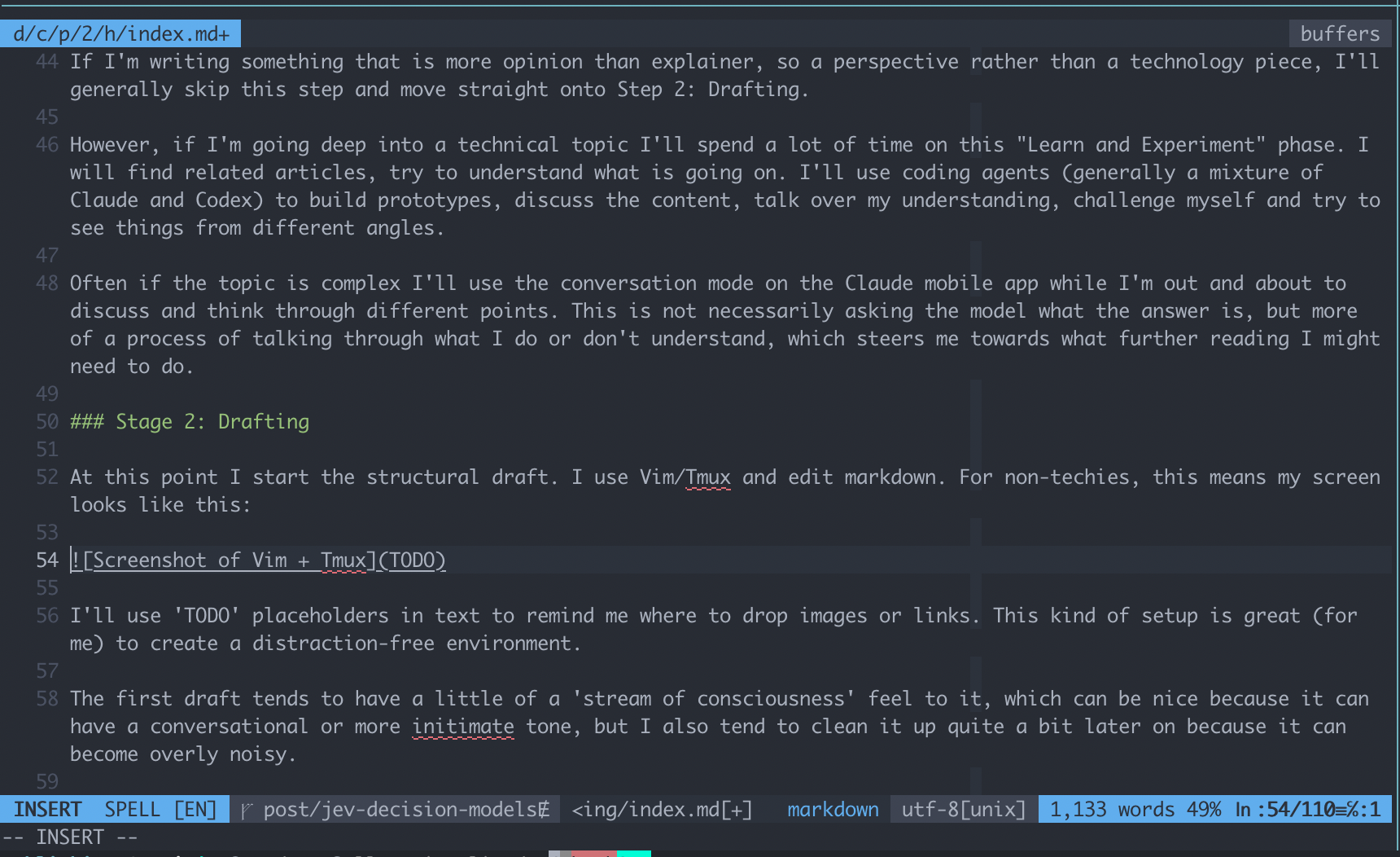 Screenshot of Vim and Tmux, editing this very article