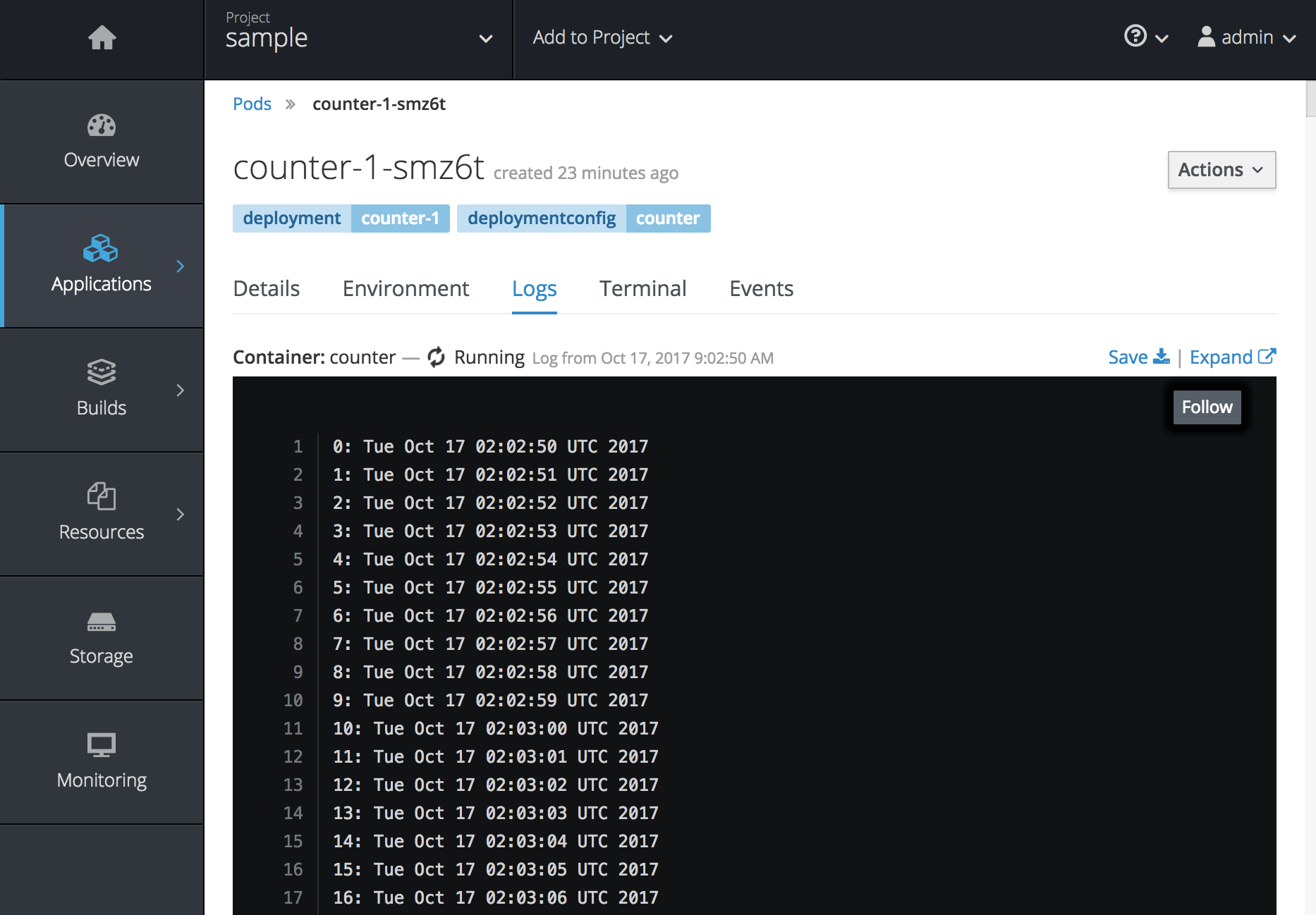 Screenshot: The counter service logs