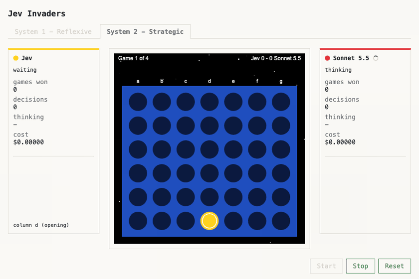 Jev vs Sonnet playing Connect Four - the strategic, turn-based game where reasoning wins
