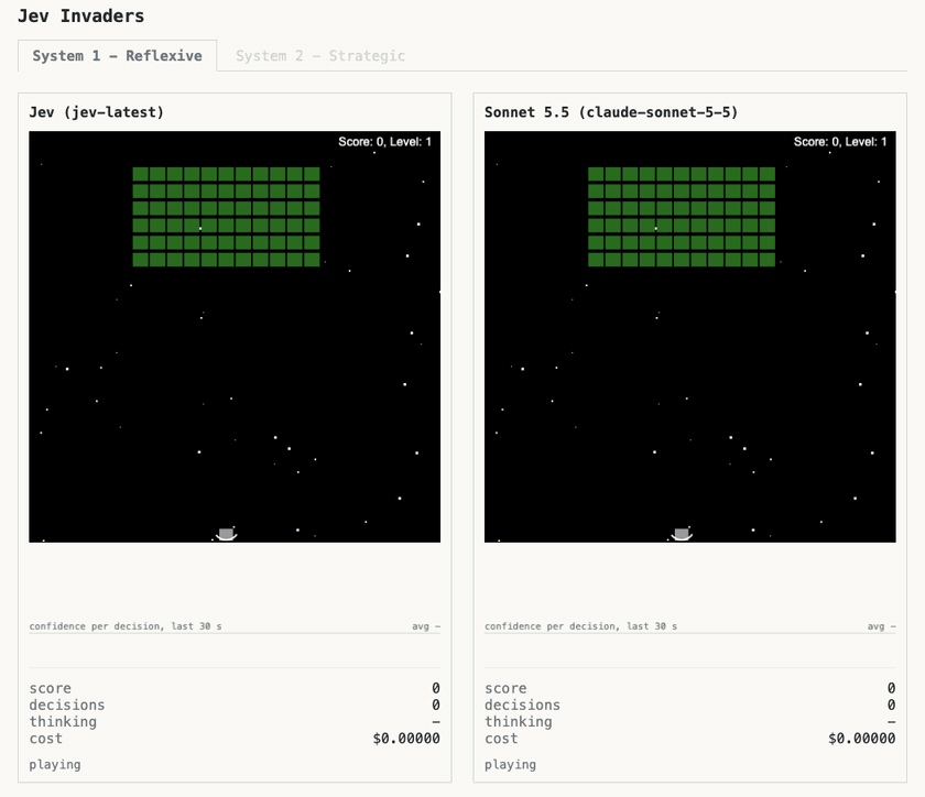 Jev vs Sonnet playing Space Invaders - Jev reacting in real time while Sonnet reasons